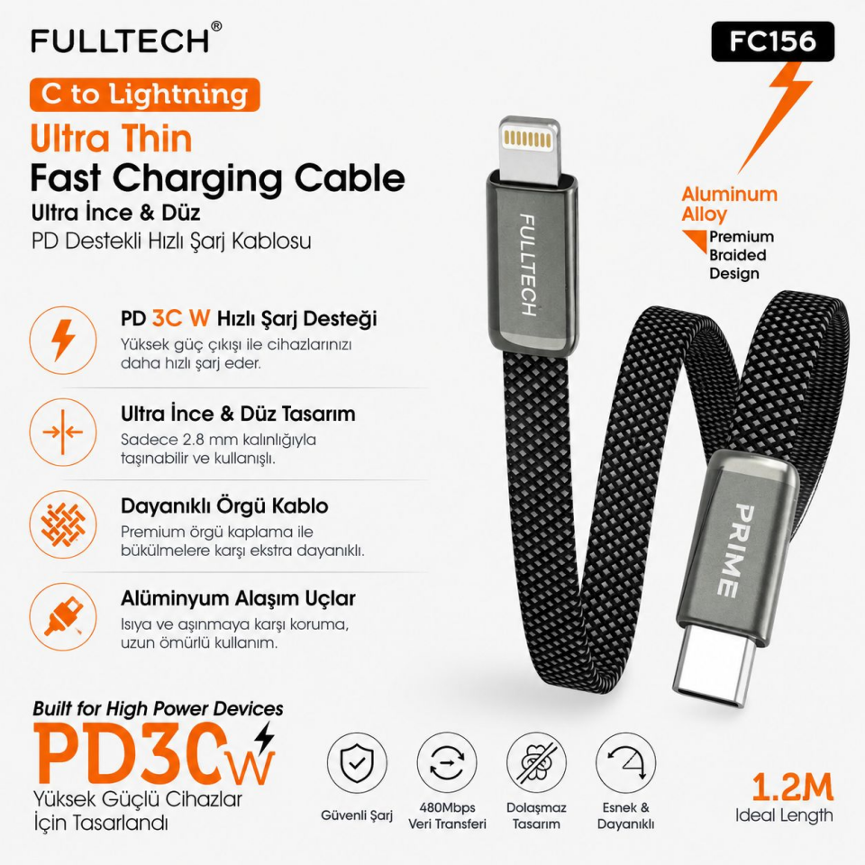 Fulltech FC156 Hızlı Şarj Kablosu 30W PD Type-C to Lightning Ultra İnce Şarj Kablosu