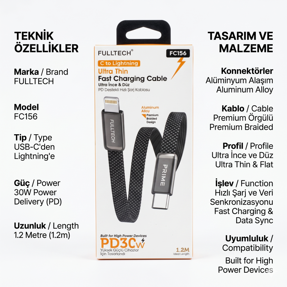 Fulltech FC156 Hızlı Şarj Kablosu 30W PD Type-C to Lightning Ultra İnce Şarj Kablosu
