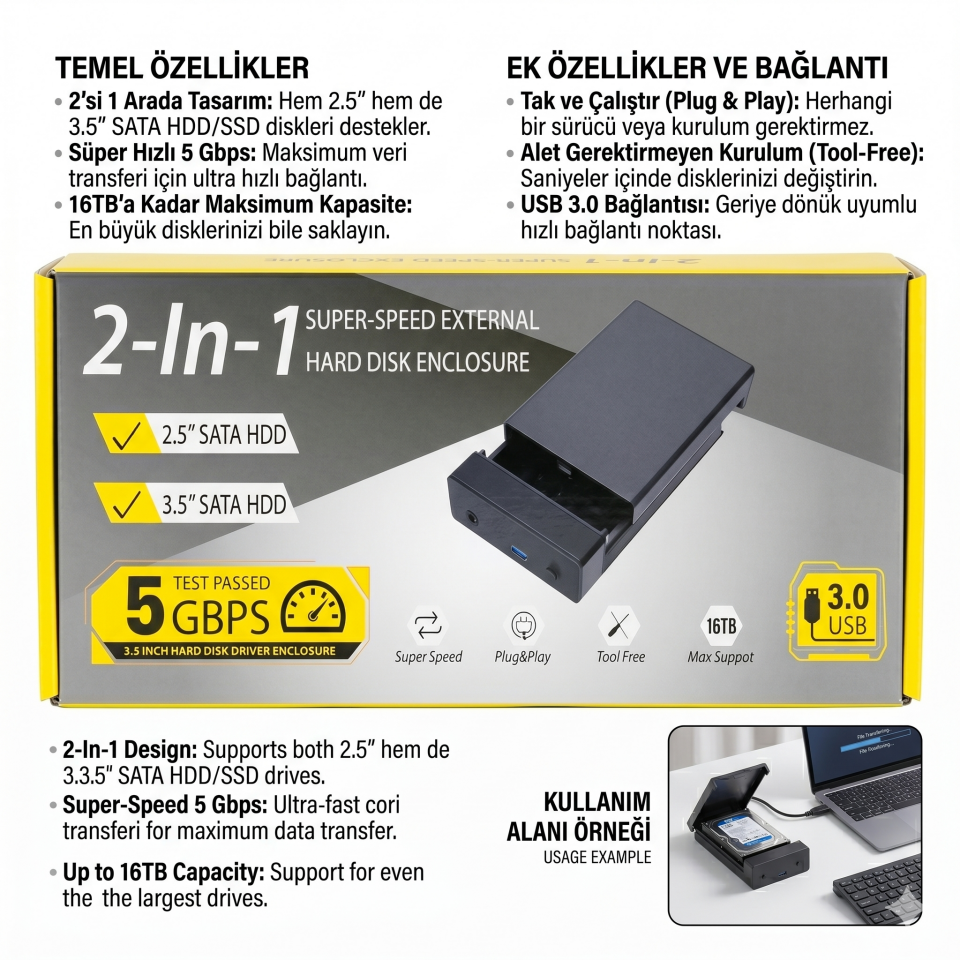 Netojen NT-164 2.5'' ve 3.5'' USB 3.0 16TB SATA HDD Harddisk Kutusu
