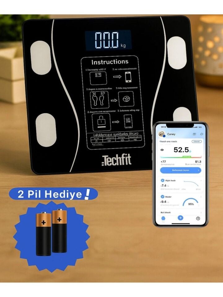 Cam Baskül Akıllı Dijital Vücut Analiz Tartısı Siyah LCD Ekran 180 Kg