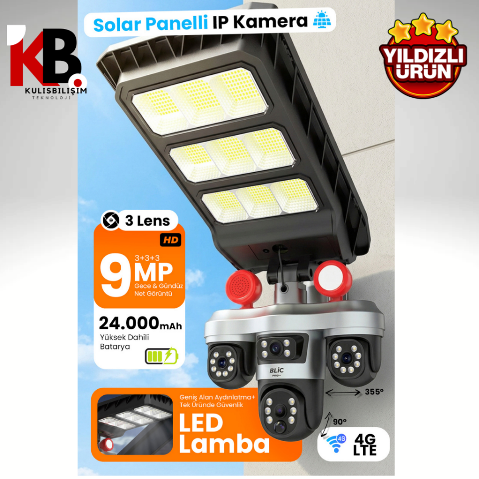 Blic BLM-102 4G LTE Solar IP Kamera 9MP 3 Lensli Dış Mekan Güvenlik Kamerası