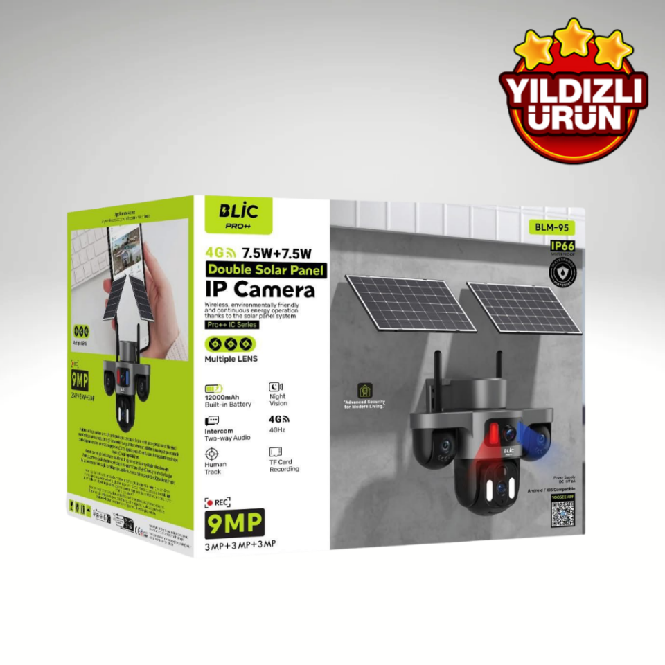 Blic BLM-95 4G Solar IP Kamera 9MP 3 Lensli Çift Panelli Güvenlik Kamerası