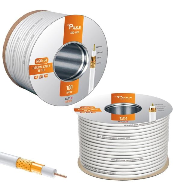 POKE PK-1353 rg6 uydu kablosu 48 Tel 100 Metre 1.02mm Gold Dış Mekan (Beyaz)