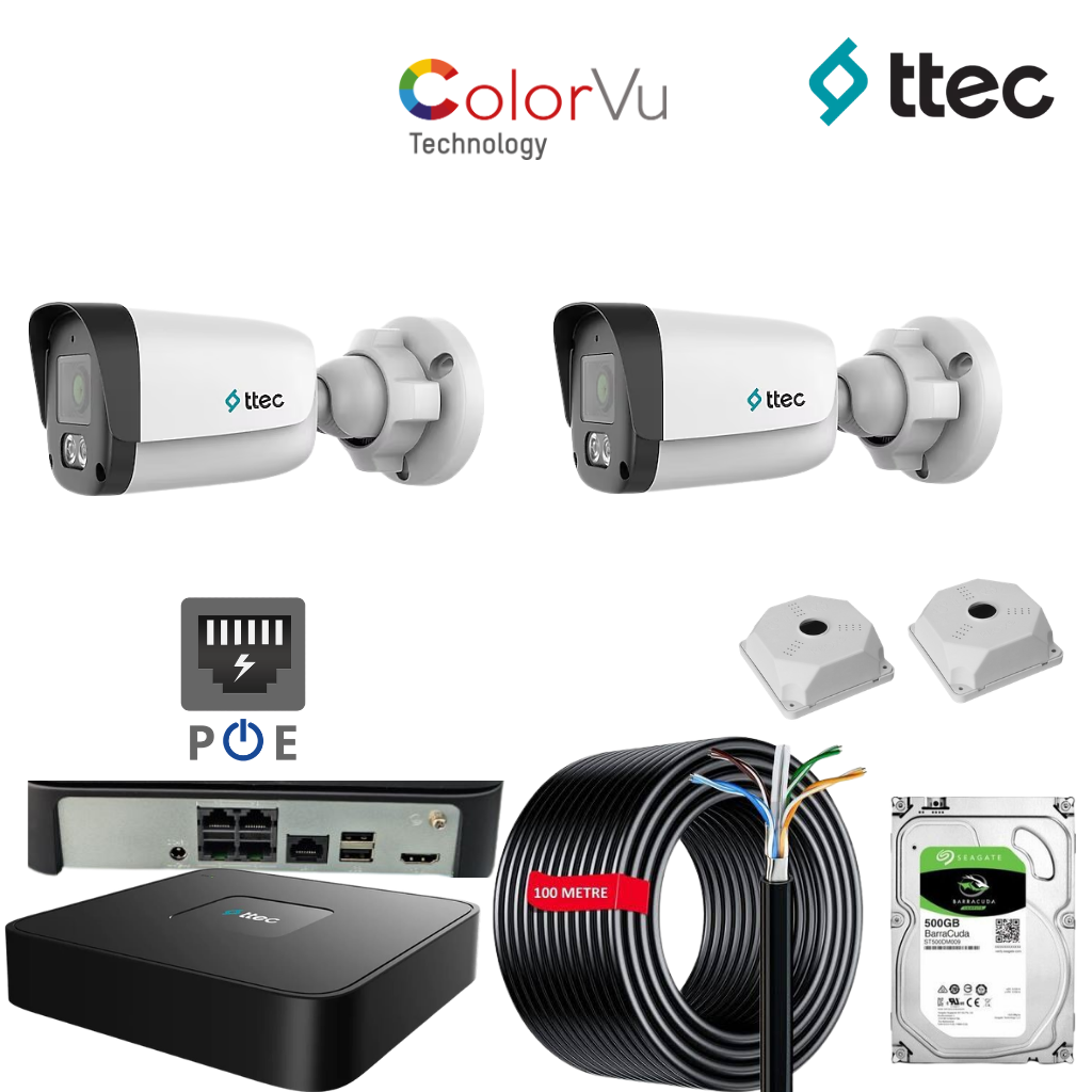 Ttec ColorVu PoE 2 Kameralı Güvenlik Kamera Seti 500GB HDD 100 Metre CAT6 Kablo