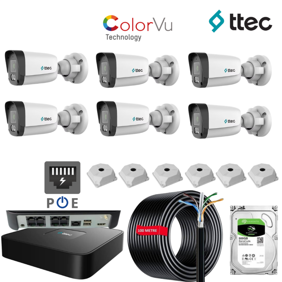 TTEC IP Kamera Seti 6 Kameralı Sesli ColorVu PoE Güvenlik Sistemi 8 Kanal PoE NVR 500GB HDD