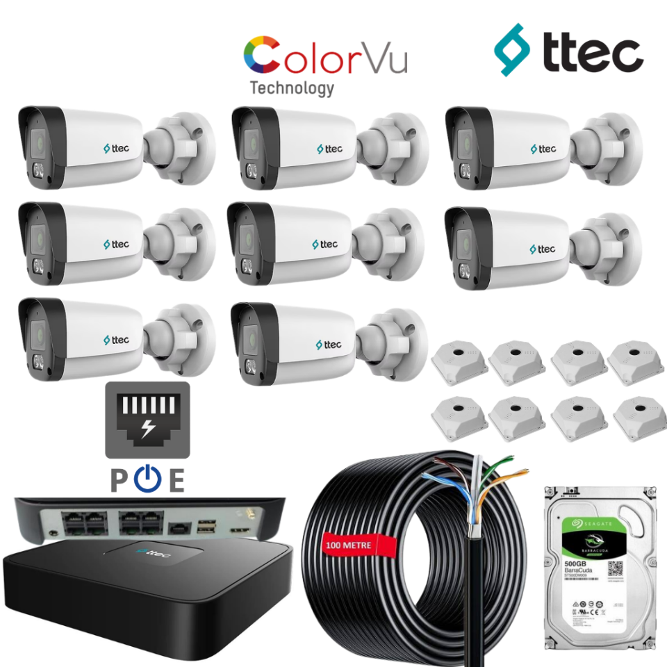 TTEC IP Kamera Seti 8 Kameralı Sesli ColorVu PoE Güvenlik Sistemi 8 Kanal PoE NVR 500GB HDD